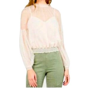 🆕 A PEACH Pearl Embellished Mesh Sheer Top size Small off white